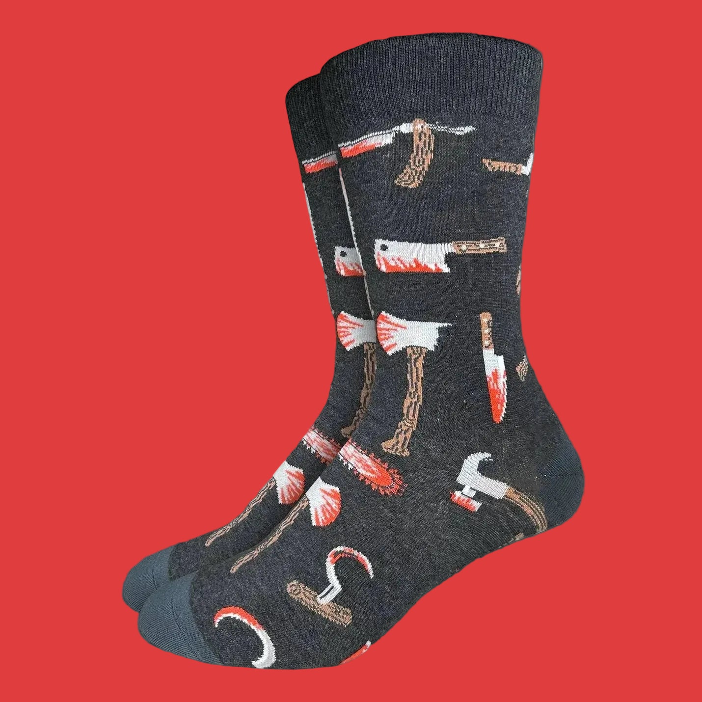 Dark gray socks with tool pattern on a white background