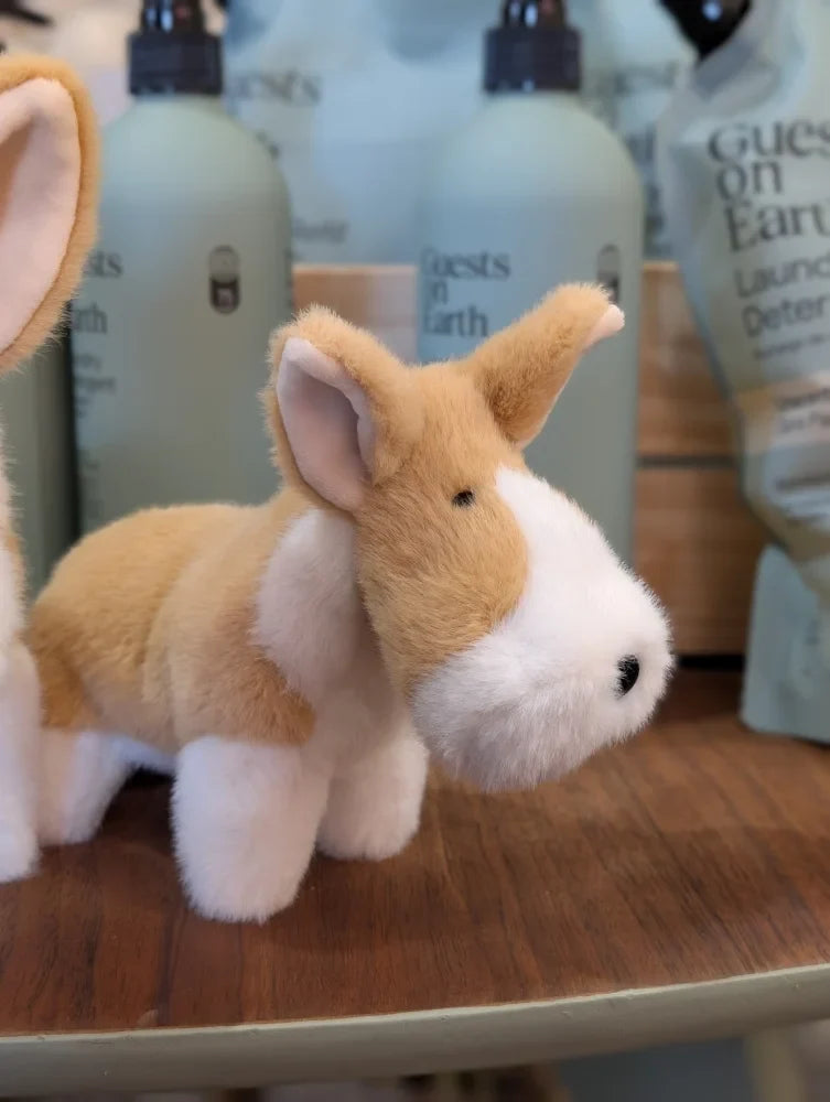 A large size adorable carl the corgi plush toy dog with tan and white fur soft ears and a friendly face