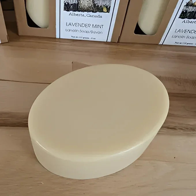 Angus Oliver lanolin natural soap bar with creamy lavender mint texture