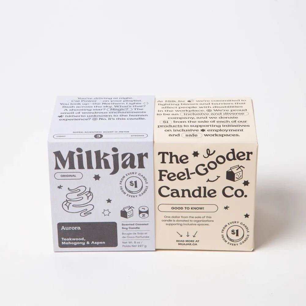 Two minimalist white cardboard boxes for aurora coconut soy wax 8oz mahogany teakwood and aspen candle packaging