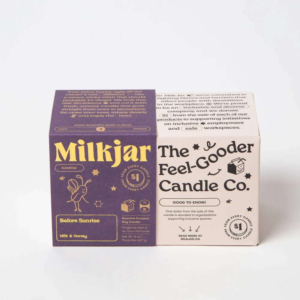 Purple and white cardboard boxes for before sunrise coconut soy milkjar candles by angus oliver with playful illustrations