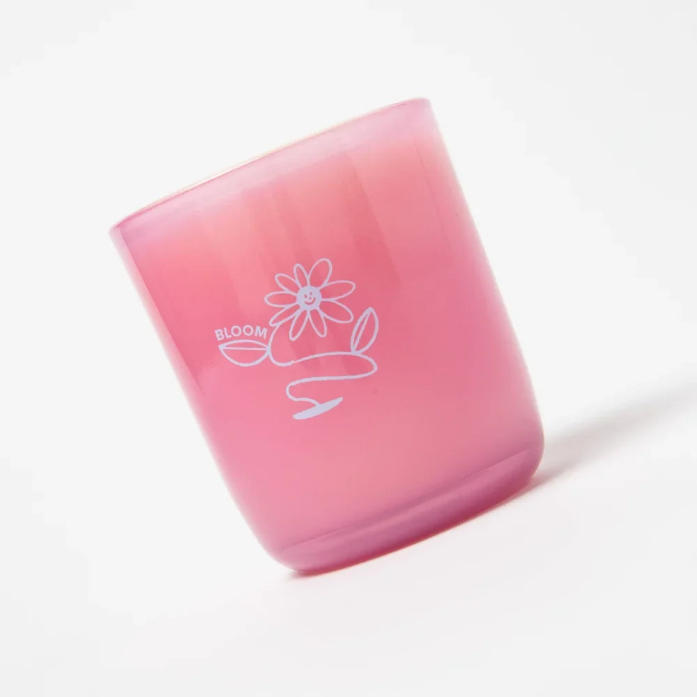 Pink frosted glass bloom candle jar with white flower line art essential oil coconut soy by angus oliver