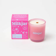 Pink milkjar essential oil candle with wooden wick in frosted glass made from coconut soy by angus oliver