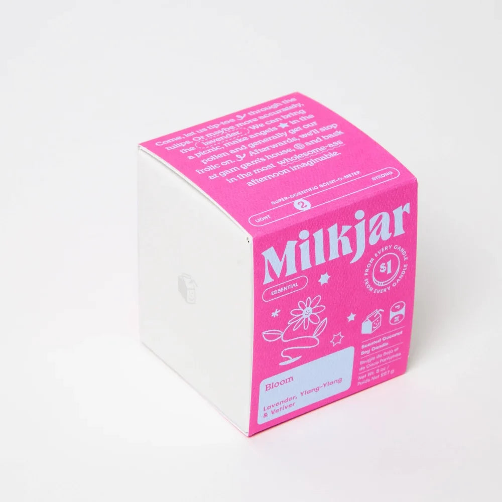 Pink and white cardboard box for bloom essential oil coconut soy milkjar diffuser refill with lavender ylang-ylang vetiver scent by angus oliver