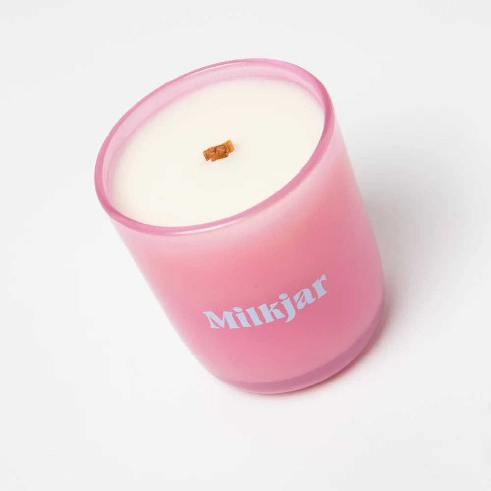 Pink frosted glass essential oil candle jar with wooden wick milkjar bloom coconut soy by angus oliver