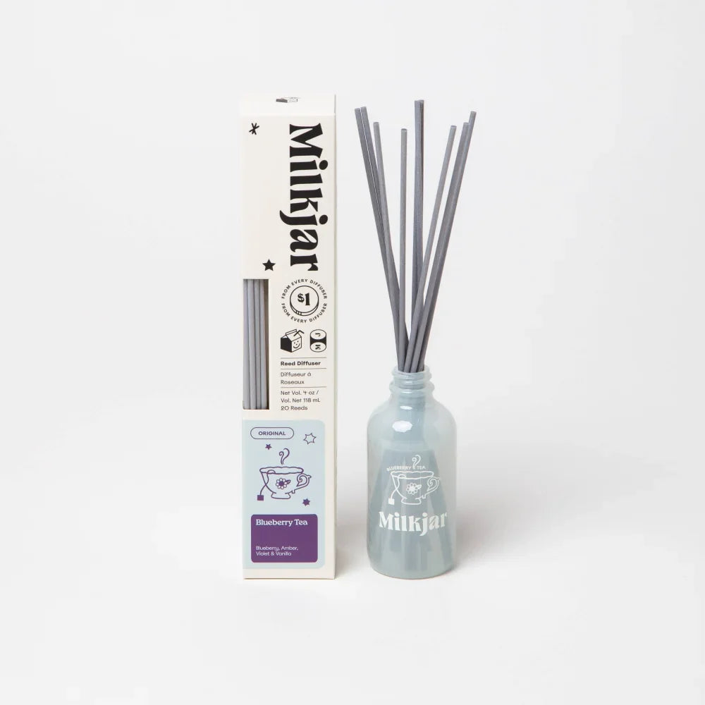 Milkyjar blueberry tea reed diffuser in light blue glass bottle with gray reeds featuring blueberry tea scent by angus oliver