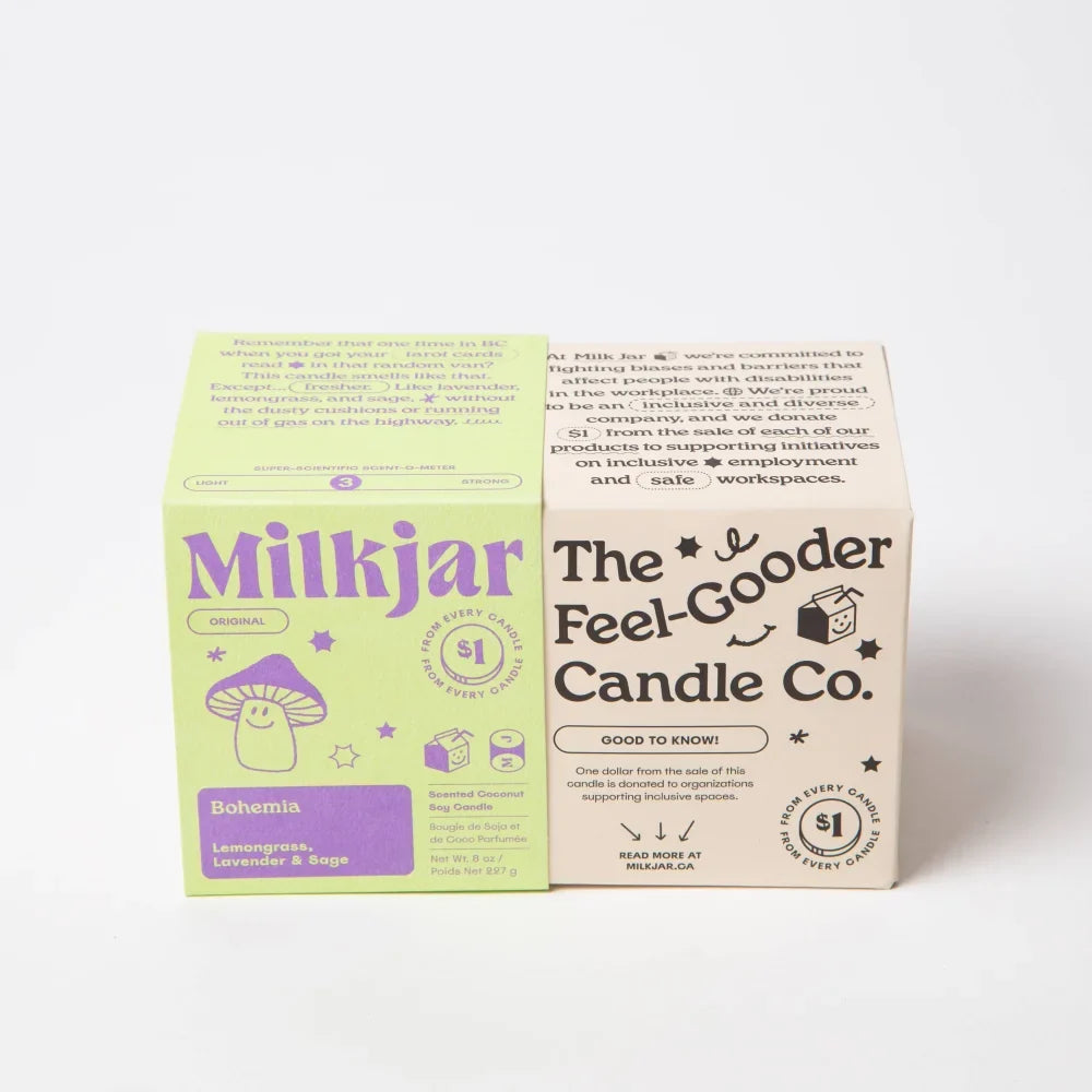Bohemia lemongrass lavender and sage coconut soy wax candle in lime green and purple box 8oz