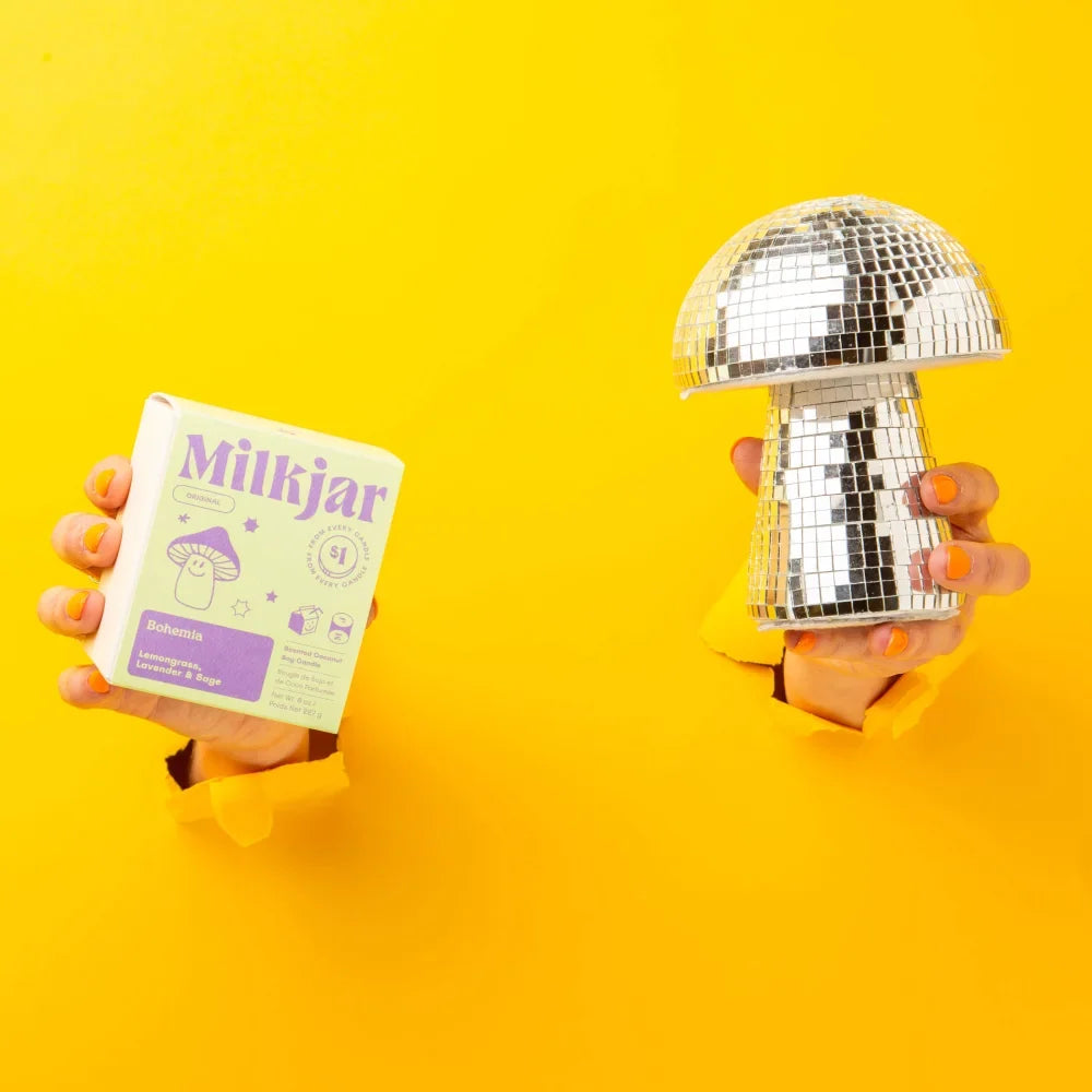 Bohemia lemongrass lavender sage coconut soy candle with a shiny silver disco ball mushroom lamp design