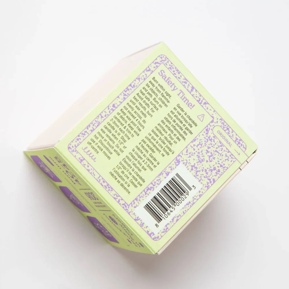 Light green and purple patterned cardboard box of bohemia lemongrass lavender sage coconut soy wax candle with barcode label