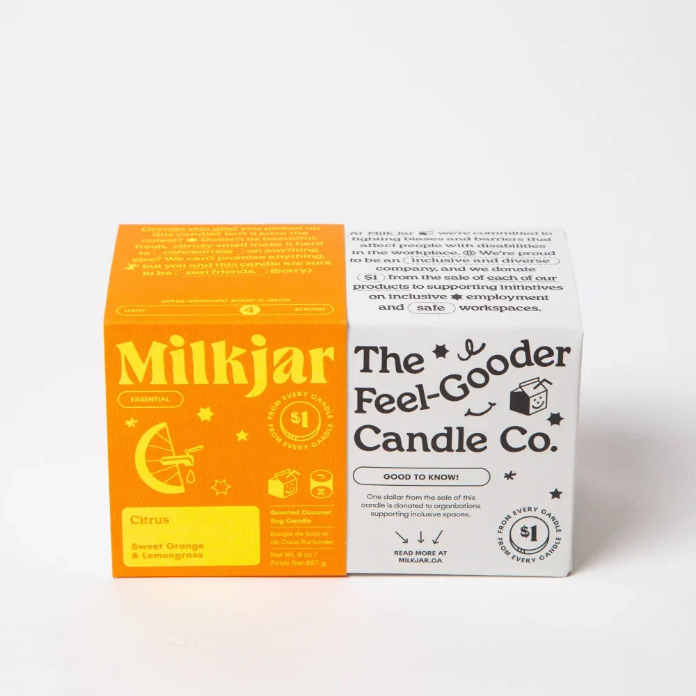 Vibrant orange cardboard box for citrus essential oil coconut soy milkjar scented candle with yellow star and moon graphics