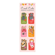 Set of six colorful cool cats magnetic bookmarks with illustrated cats in various breeds and outfits with name labels