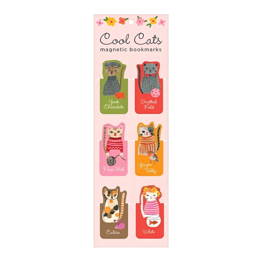 Set of six colorful cool cats magnetic bookmarks with illustrated cats in various breeds and outfits with name labels