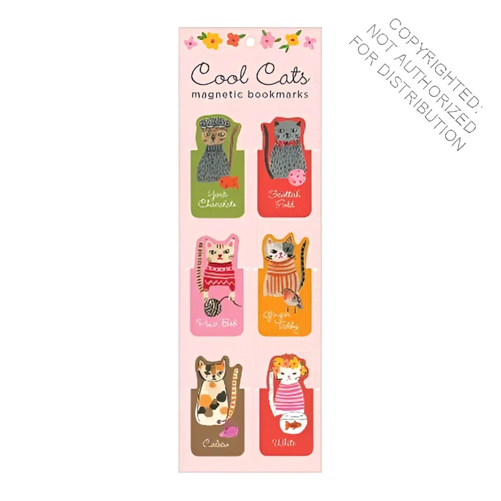 A set of six colorful cool cats magnetic bookmarks featuring cute cats in various outfits and poses