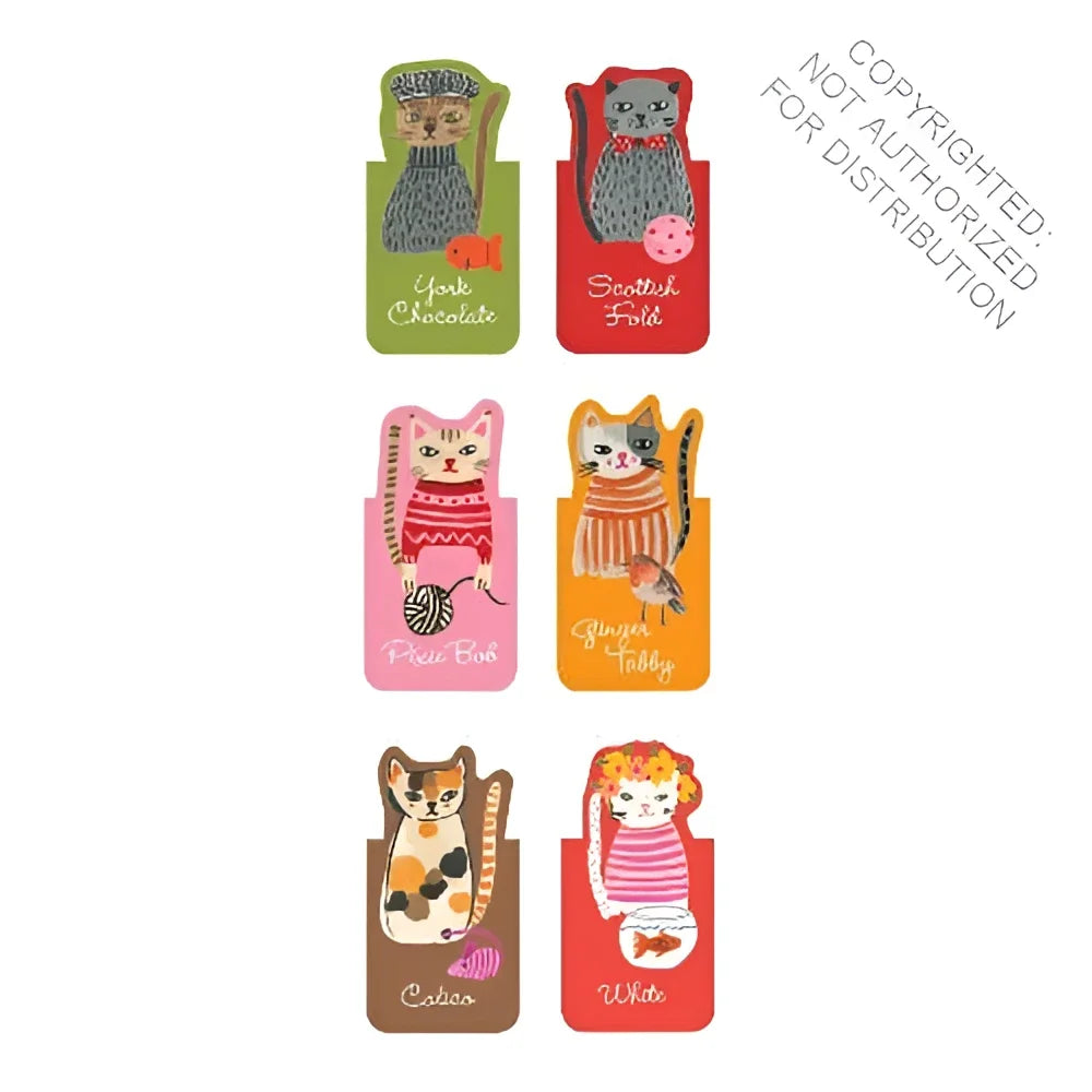Set of six colorful cool cats magnetic cat-themed paper bookmarks with illustrated designs and printed names