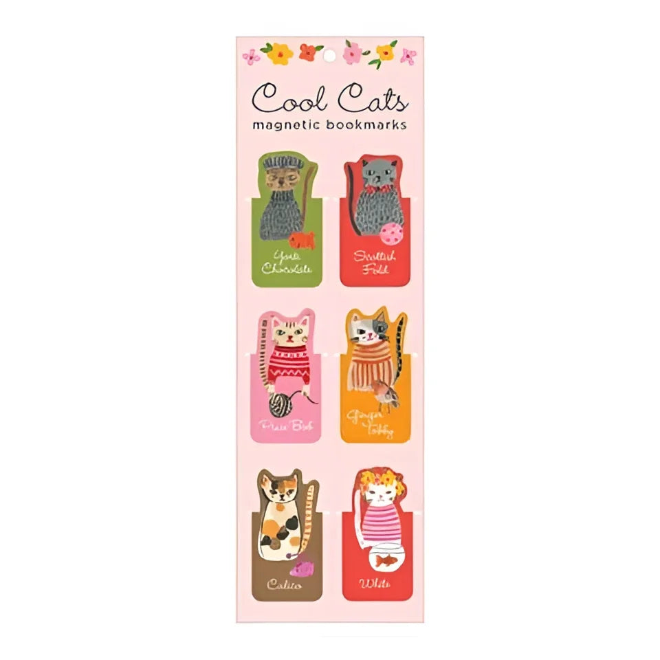A set of six colorful cool cats magnetic bookmarks with embroidered cat designs and playful details for marking pages