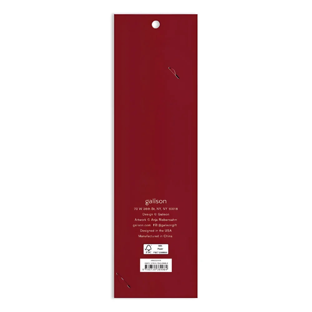 Deep red rectangular cottage cats paper bookmark with a small hole and galison text near the bottom