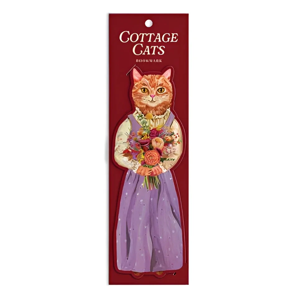 A charming orange tabby cat cottage cats paper bookmark in a lavender polka-dot dress holding a flower bouquet