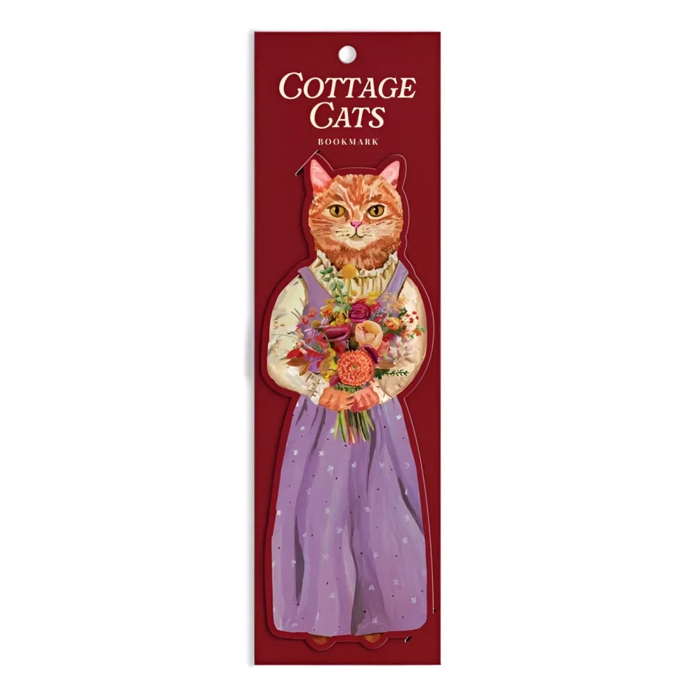 A charming orange tabby cat cottage cats paper bookmark in a lavender polka-dot dress holding a colorful flower bouquet