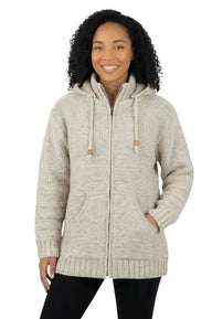A cozy cream woolen calgary cardigan with soft fleece lining and wooden toggle drawstrings for warmth and comfort