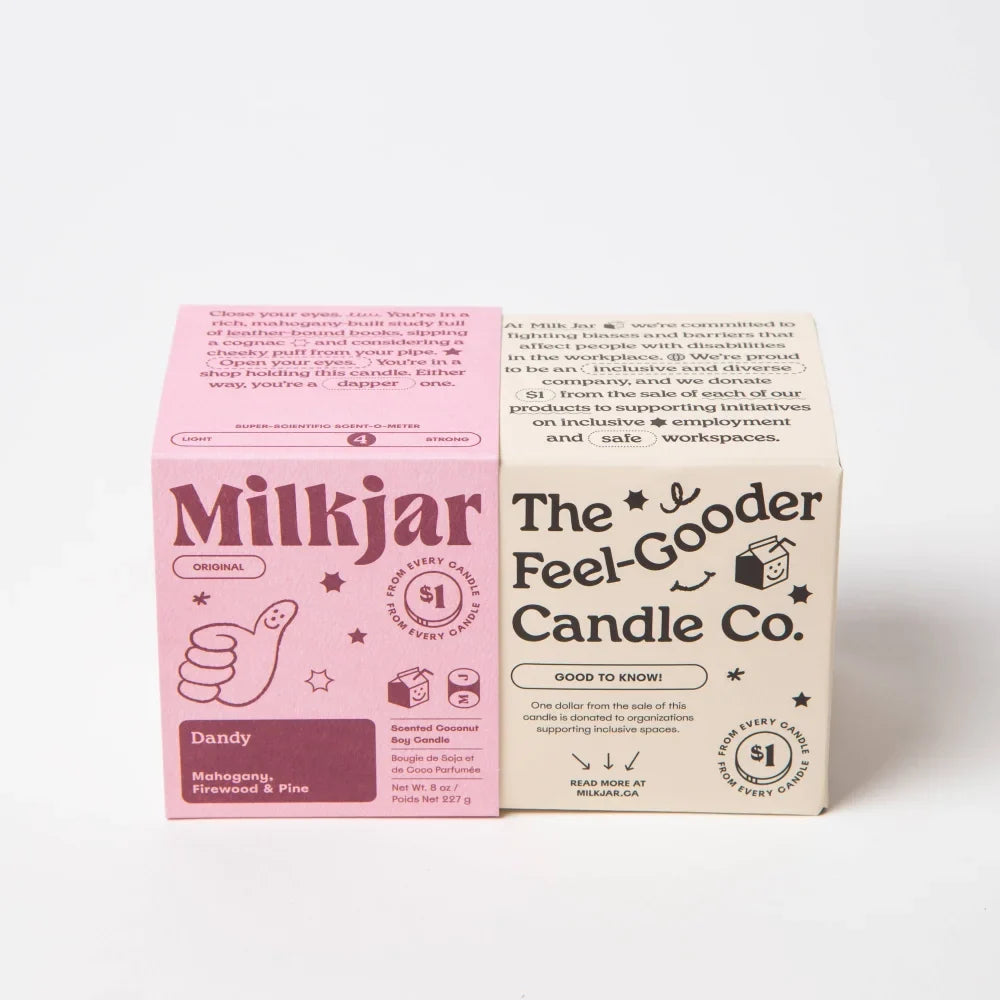 Pink rectangular milkjar box with thumbs-up label for dandy mahogany firewood pine coconut soy candle by angus oliver