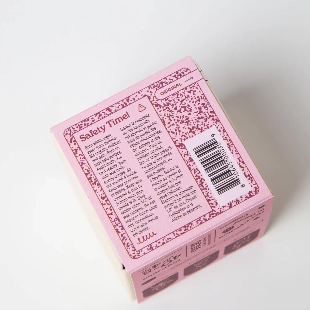 Back of pink speckled cardboard box for dandy mahogany firewood & pine coconut soy candle by angus oliver