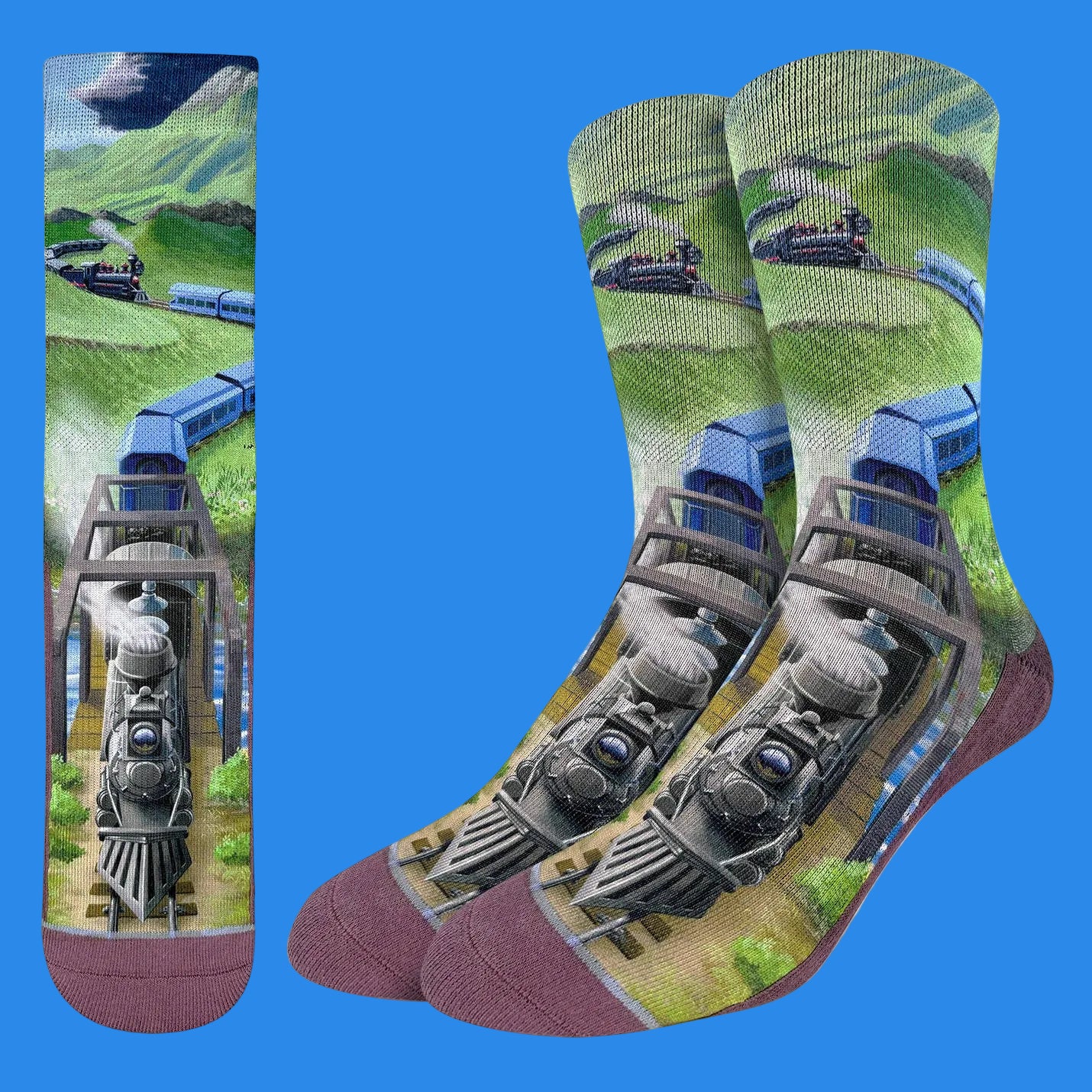 Socks with a train design on a scenic landscape background