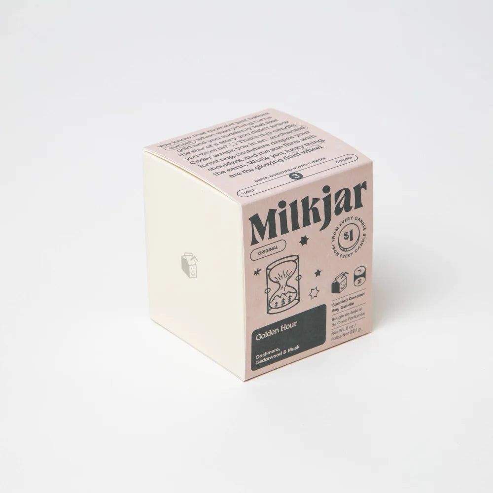 Pink and cream square box for golden hour cashmere cedarwood coconut soy wax 8oz milkjar scented candle with hourglass art