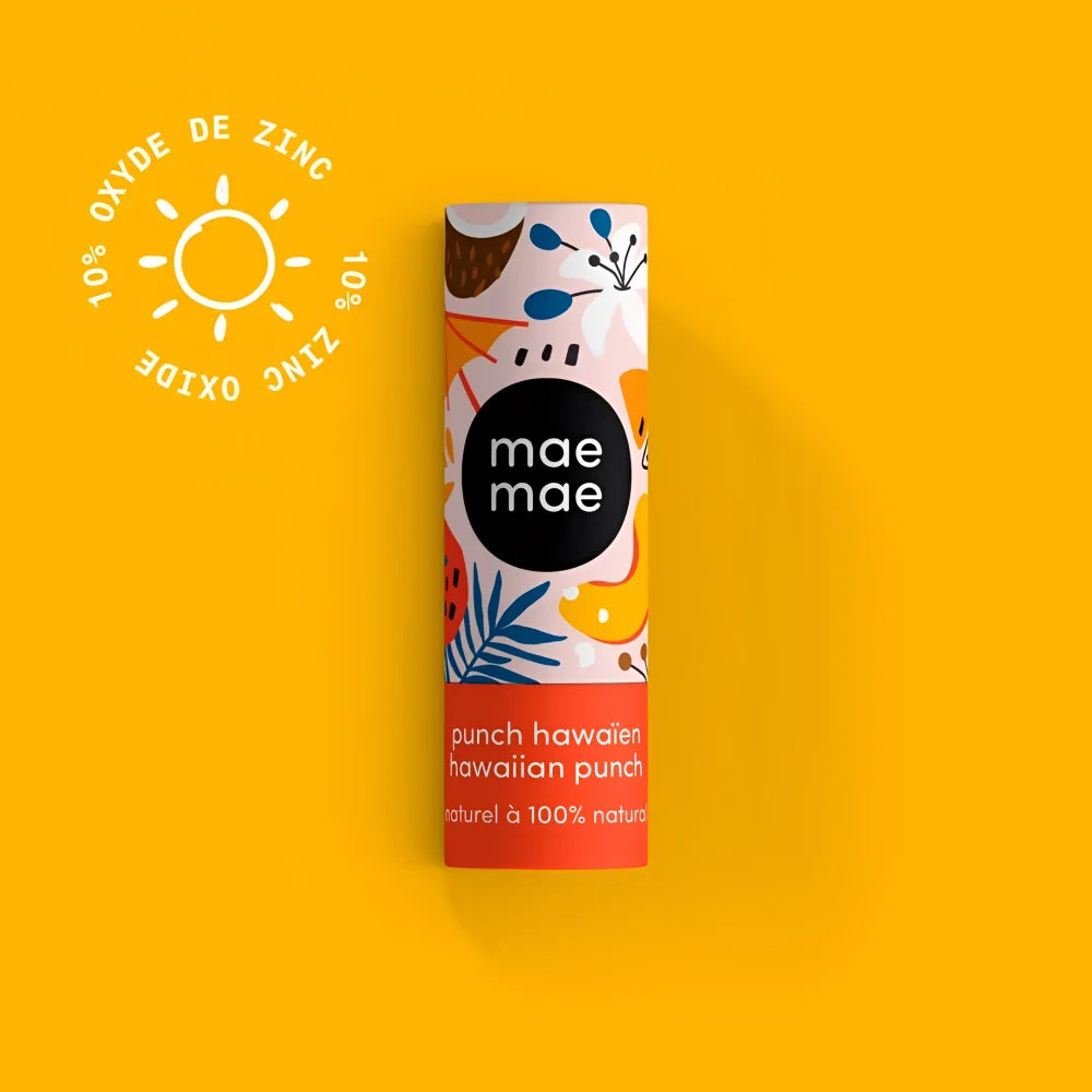 A colorful cylindrical tube of mae mae punch hawaiian punch lip balm with zinc oxide and a tropical design