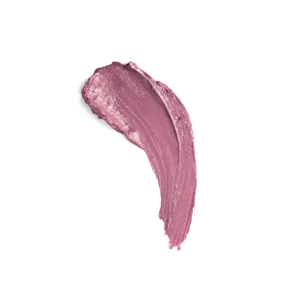 A shimmering rose gold metallic lip balm swatch with smooth glossy finish featuring zinc oxide for extra care