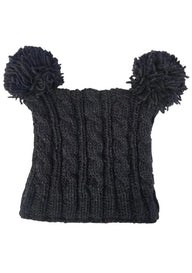 Black knitted heelah double pompom hat with cable knit pattern and fluffy double pompom accents on top