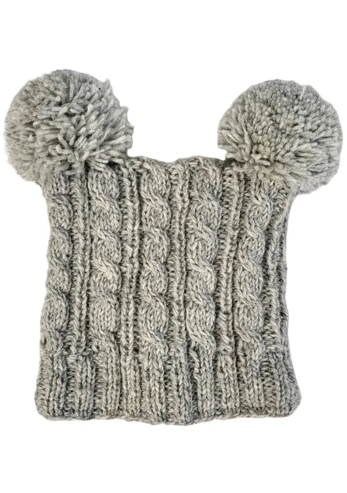 Gray cable knit heelah double pompom hat with fluffy double pom poms for cozy winter wear