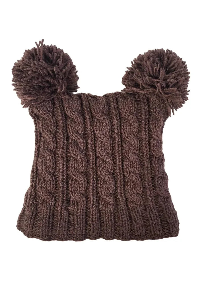 Brown cable knit heelah double pompom hat with fluffy double pompoms on top keeping you warm and stylish