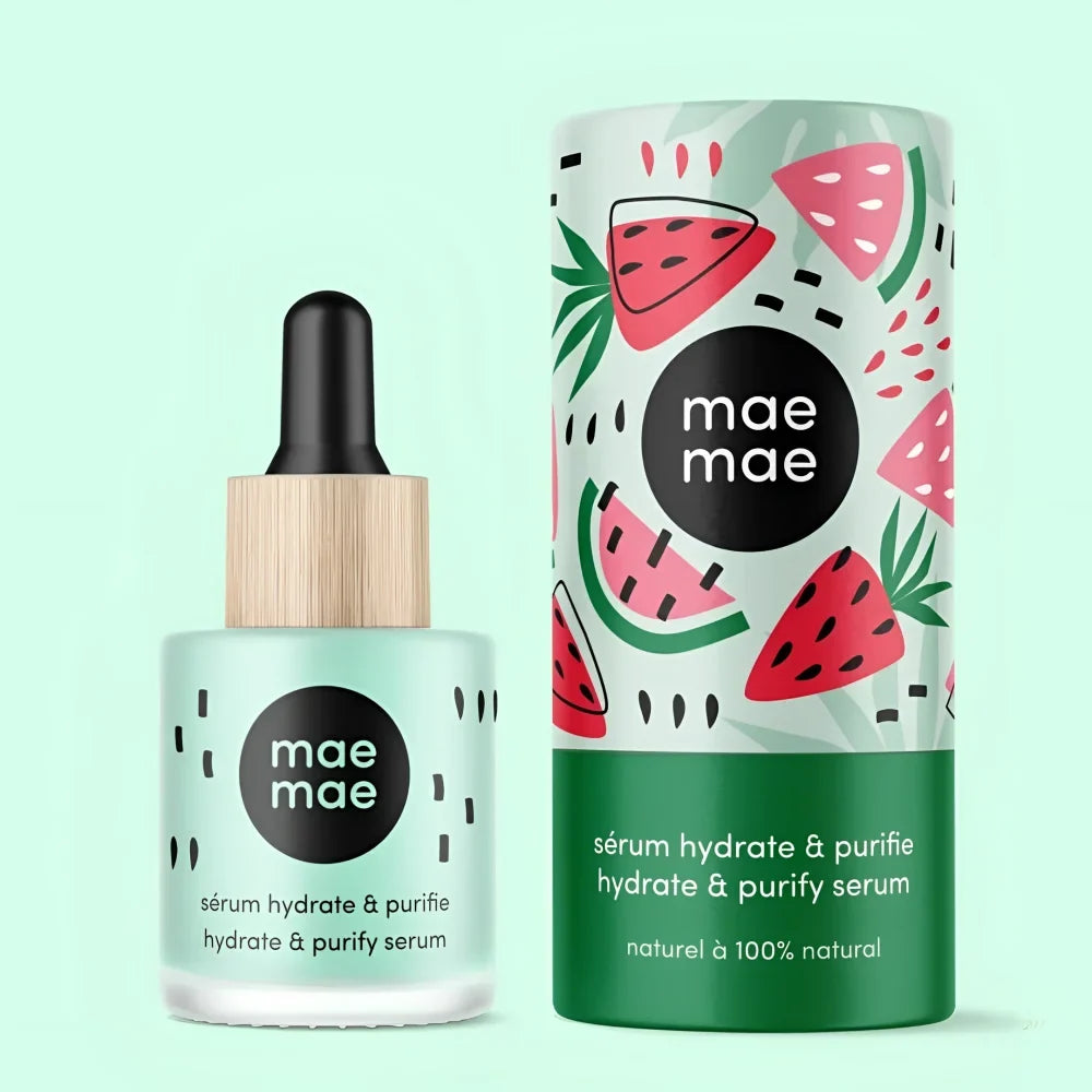 Mae mae hydrate & purify oil serum in clear glass with bamboo dropper and mint label next to watermelon seed oil box