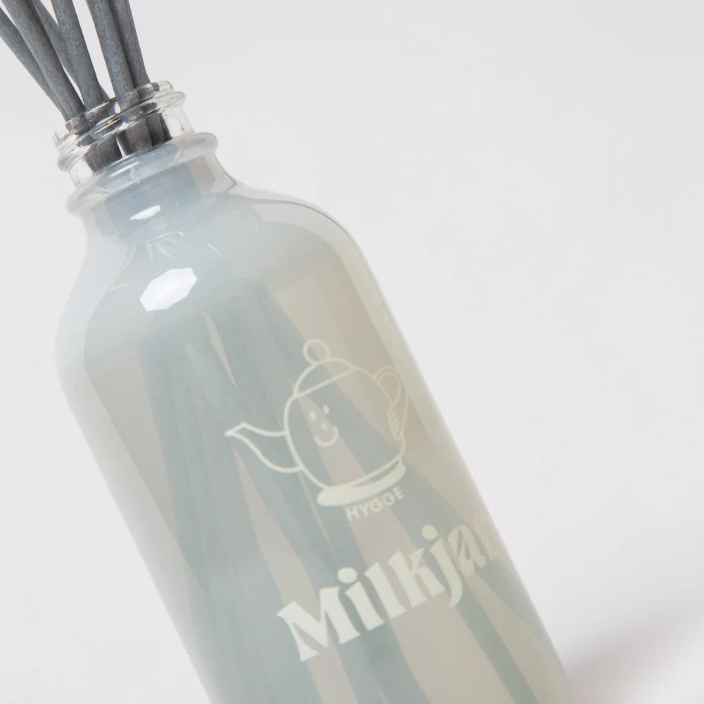 A translucent gray frosted glass reed diffuser bottle with etched teapot and milkja logo for sea salt scent