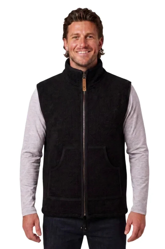 Black jasper vest made of soft fleece zealand wool with high collar zipper and two large patch pockets