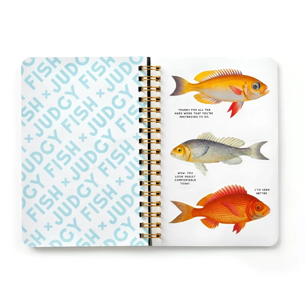 A judgy fish sticker book with a light blue spiral notebook cover and three colorful fish sticker illustrations