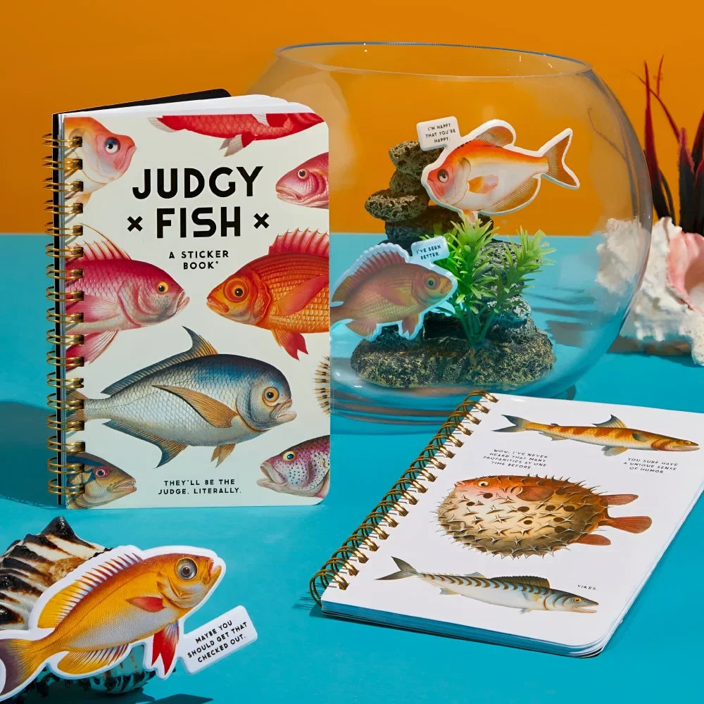 A vibrant spiral-bound judgy fish sticker book with colorful fish illustrations on the cover perfect for fish sticker fans