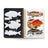 A spiral-bound judgy fish sticker book with colorful fish stickers on one page and white die-cut fish on black on the other