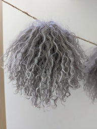 Gray curly hair wig with mushroom sheepskin pom poms