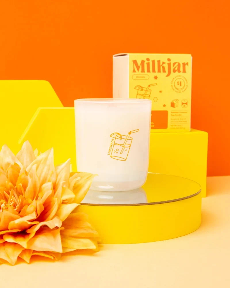 White frosted glass coconut soy candle with gold foil lemonade drink illustration 8 oz size