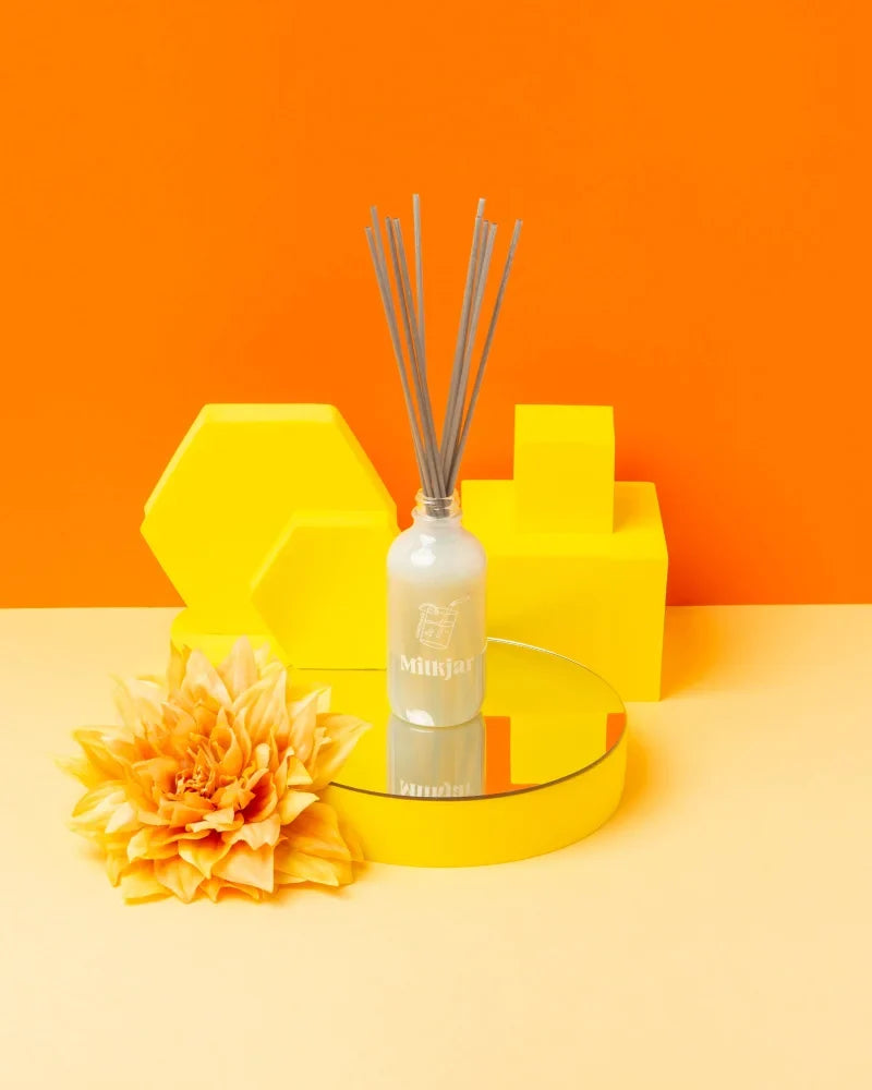 A sleek frosted glass reed diffuser bottle with a minimalist logo and slender reeds for lemonade coconut lime scent
