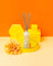 A sleek frosted glass reed diffuser bottle with a minimalist logo and slender reeds for lemonade coconut lime scent