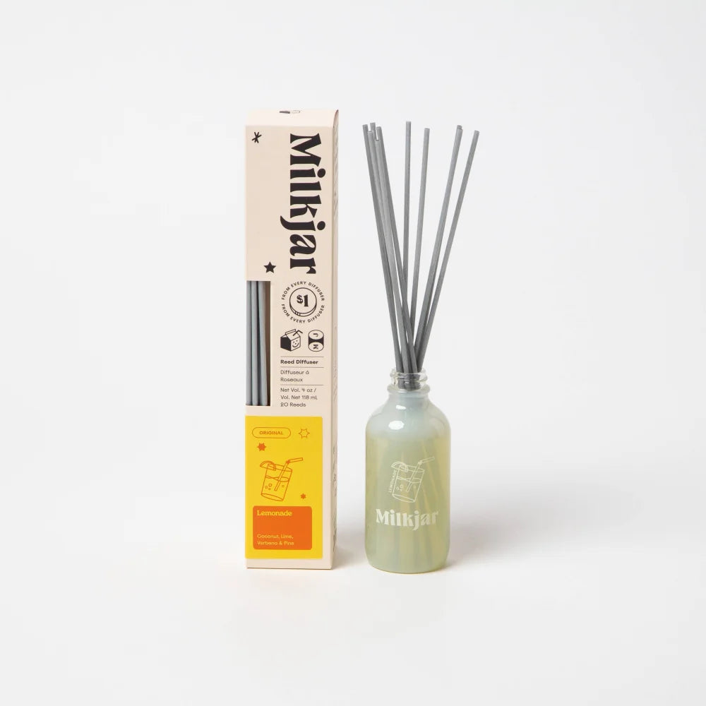 Lemonade coconut lime verbena and pine 4oz reed diffuser in frosted green glass with silver reeds and branded box