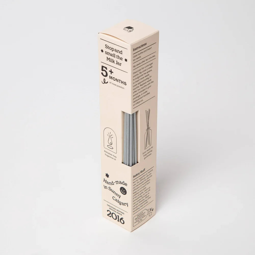 Beige cardboard box with gray reed diffuser sticks for lemonade coconut lime verbena and pine 4oz reed diffuser