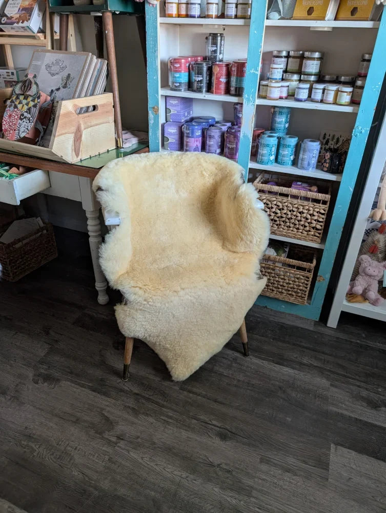 Cream-colored washable medical sheepskin chair with wooden legs by angus oliver for comfort and style