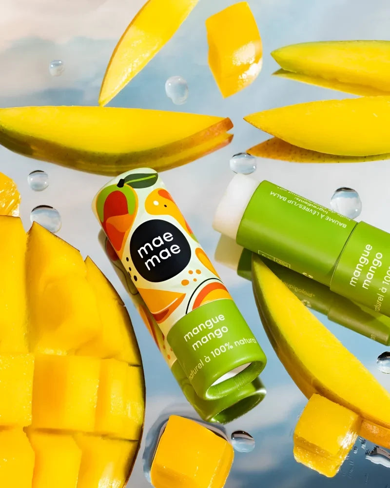 Mango natural lip balm in vibrant green and orange mae mae tube with mango scent for smooth lips care