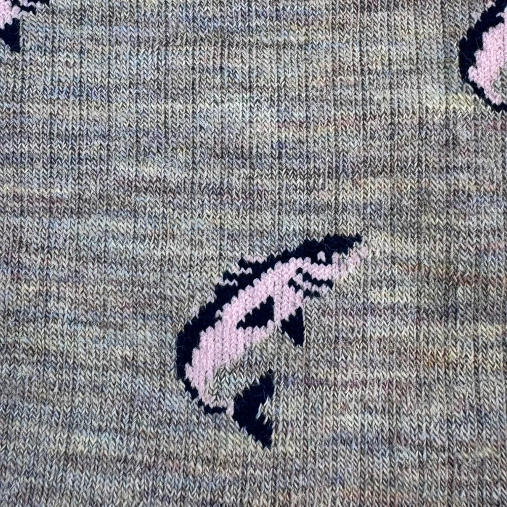 Men’s bear in the wild merino wool socks with gray heathered knit and black light pink fish design warm and breathable wool socks