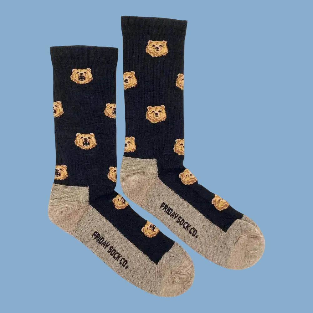 Men’s dark navy merino wool socks with tan bear faces and beige toe heel accents for soft wool sock comfort