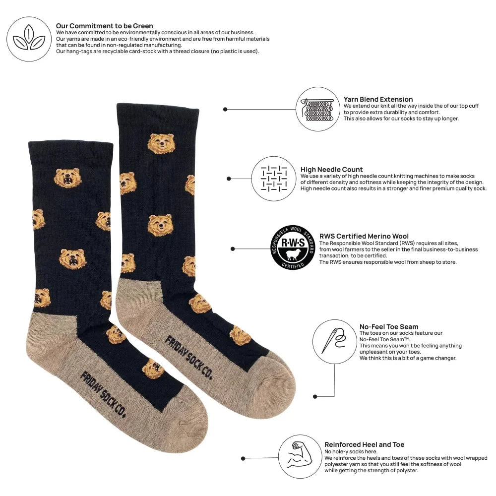Men’s navy blue merino wool socks with tan bear faces made from rws certified wool by friday sock co for soft comfort