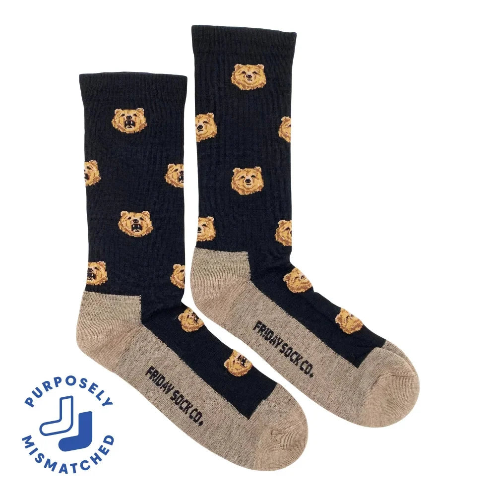 Dark navy men’s merino wool socks with tan bear faces and beige toe and heel accents for soft comfort